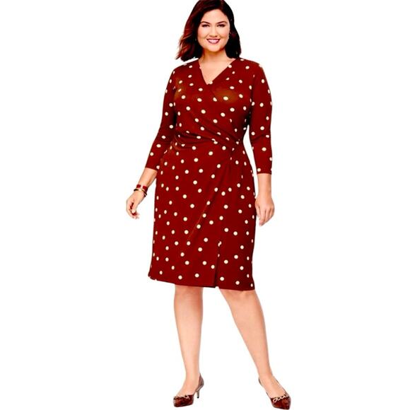 Talbots Wrap Dress V-neck 3/4 sleeves Brown White Polka Dot Women’s Plus Size 1X - Picture 15 of 15